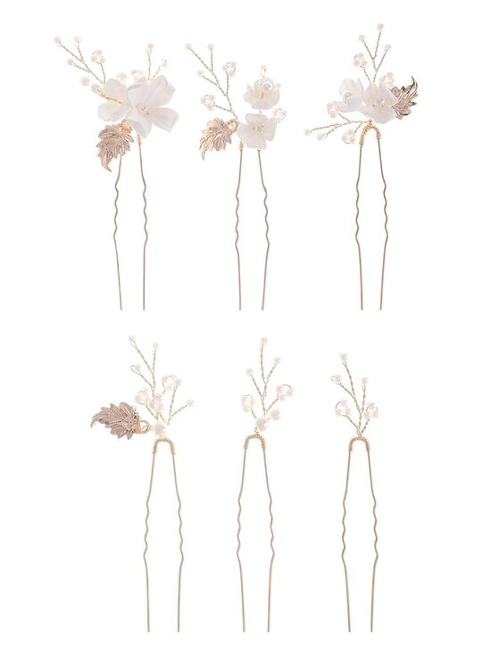 Women\'s Gold 6 Pieces Handmade Gold Leaf Pearls Flower Bridal Hair Bridesmaid